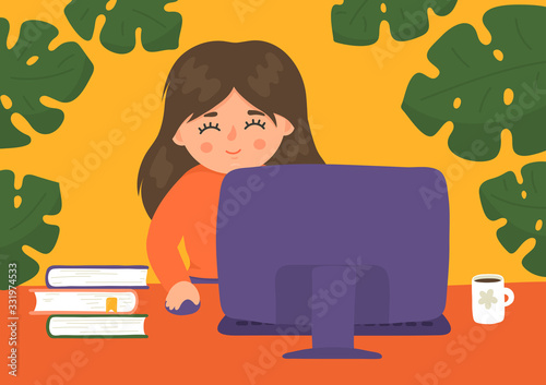 Online distance education. Cute girl studying using computer. Educational webinar, online learning technology vector illustration.
