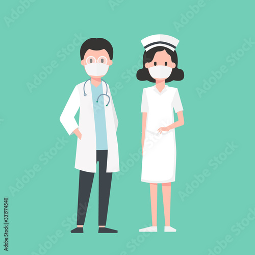 Character design Doctor and nurse on green background. Vector illustration in flat styles.