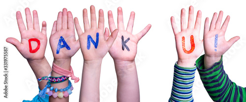 Children Hands Building Colorful Dutch Word Dank U Means Thank You. White Isolated Background