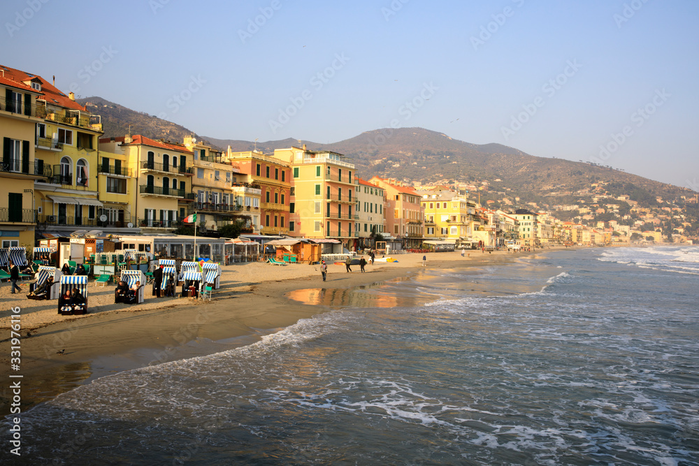 Alassio (SV), Italy - December 12, 2017: Alassio view's town from the pier, Riviera dei Fiori, Savona, Liguria, Italy
