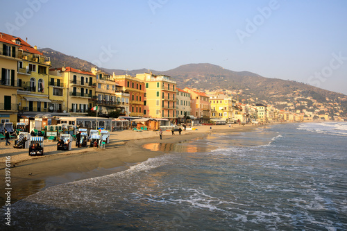 Alassio (SV), Italy - December 12, 2017: Alassio view's town from the pier, Riviera dei Fiori, Savona, Liguria, Italy