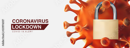 Isolated 3D Realistic illustration of Novel coronavirus cell (2019-nCoV) lockdown by padlocks. 3D vector illustration background.