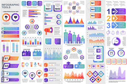 Business infographic modern elements set. Business info visualization bundle for analytics and statistics show. Colorful mosaic diagram, stock and flow charts, line and bar graphs vector illustration.