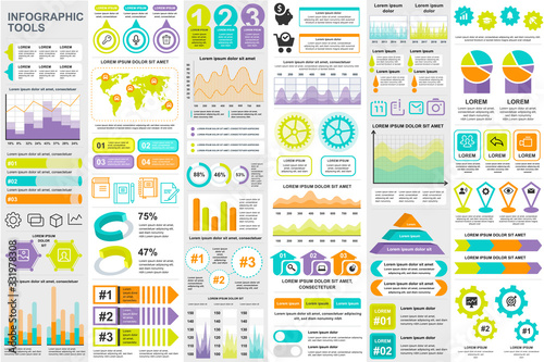 Business infographic elements set. Data visualization bundle for creative marketing presentation slides and web design. Colorful stock and flow charts, line, circle and bar graphs vector illustration.