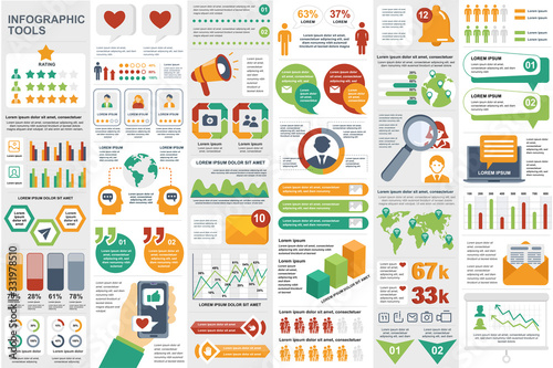Social media network infographic elements set. Social marketing and promotion data visualization templates bundle. Color info graphics diagram, timeline chart, line and bar graph vector illustration.