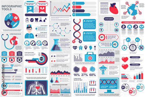 Medical infographic elements set. Healthcare, emergency and pharmacy industry analytics. Data visualization bundle with colorful diagrams and charts vector illustration. Clinical research template.