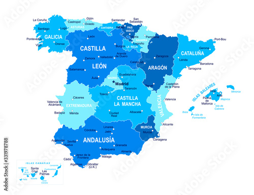 Spain map. Cities, regions. Vector