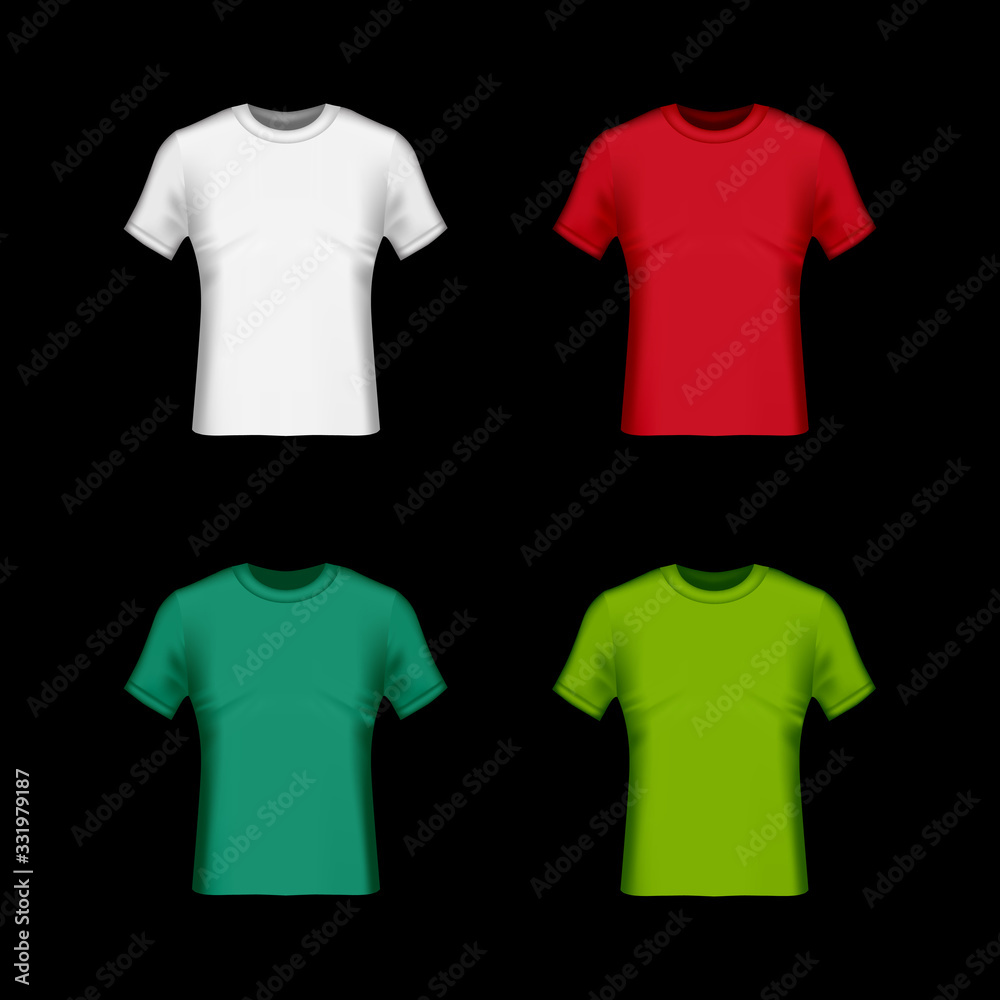T-shirt template set vector design front view mockup man's clothing. White, red, green, and blue color with realistic shapes. T-shirt template set vector design front view mockup man's clothing. White, red, green, and blue color with realistic shapes.