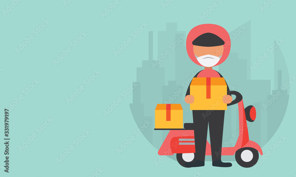 Delivery man with his bike in town background. vector flat design