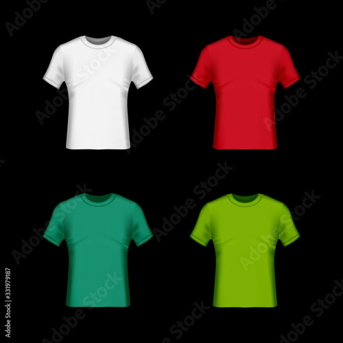 T-shirt template set vector design front view mockup man's clothing. White, red, green, and blue color with realistic shapes.