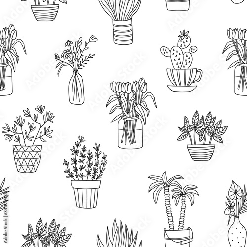 House plant seamless vector pattern. Cute outline flower sketch. Linear indoor gaden.