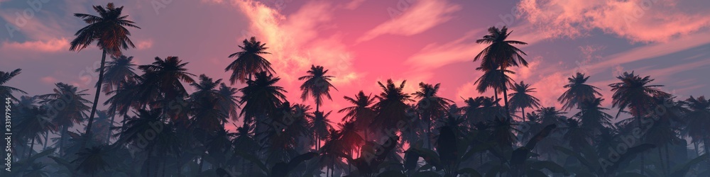 Palm trees against the sky, beautiful sky with clouds and palm trees, sunset over palm trees, tropical sunset, 3D rendering