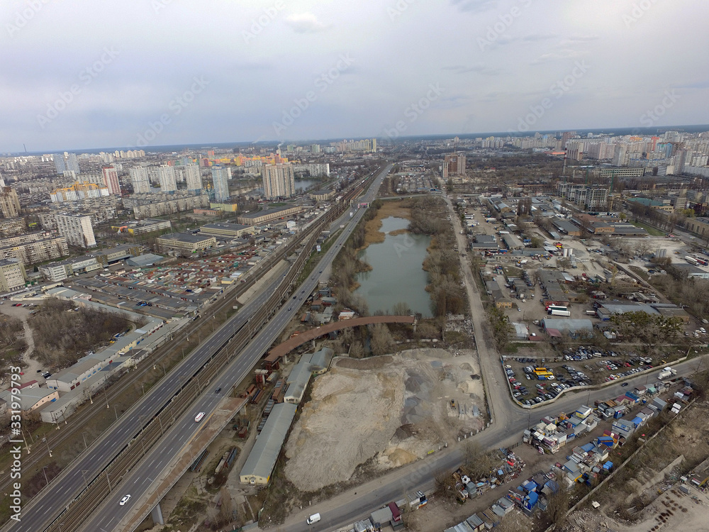 Panoramic view of Kiev at spring (drone image). Kiev, Ukraine