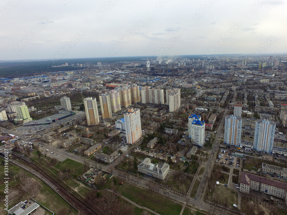 Panoramic view of Kiev at spring (drone image). Kiev, Ukraine