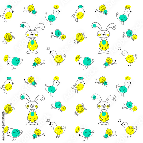 EASTER PATTERN- Vector hand drawn outline illustration of Easter egg. Black contour doodle with yellow and green color, line art. Perfect for wrapping, ornament, wallpaper, album, scrapbook. Vector il