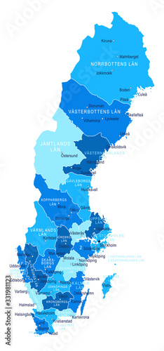 Sweden map. Cities, regions. Vector