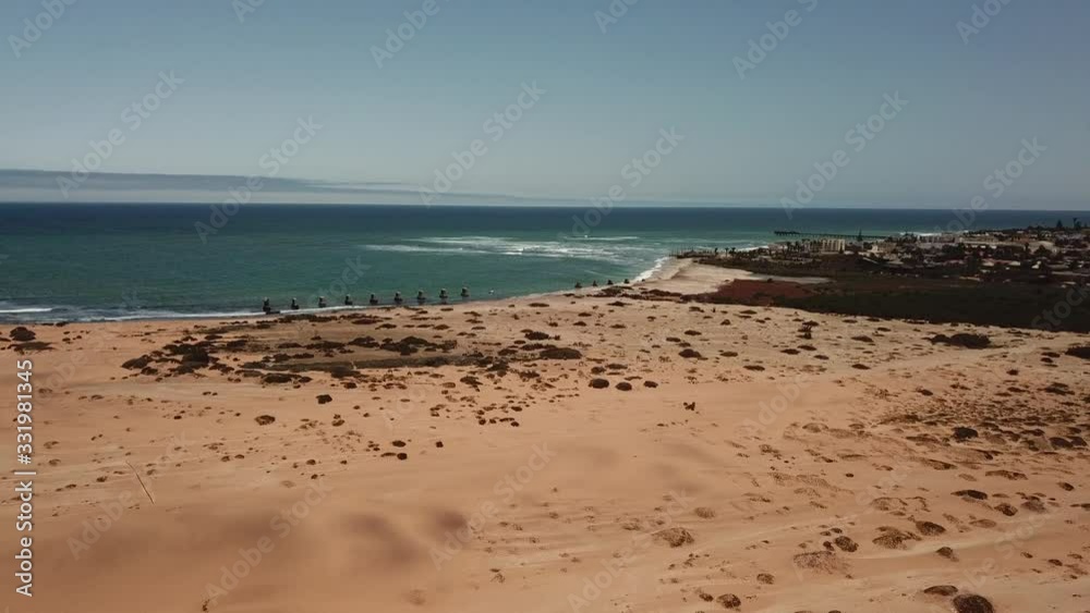 4K aerial drone video of wide sea panorama view from above, sand dunes near Swakopmund, Atlantic Ocean coastline, west coast yellow sandy landscape, Namib Desert in Namibia, southern Africa 4K aerial drone video of wide sea panorama view from above, sand dunes near Swakopmund, Atlantic Ocean coastline, west coast yellow sandy landscape, Namib Desert in Namibia, southern Africa