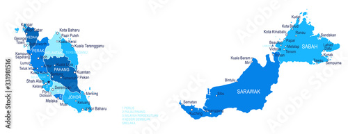 Malaysia map. Cities  regions. Vector