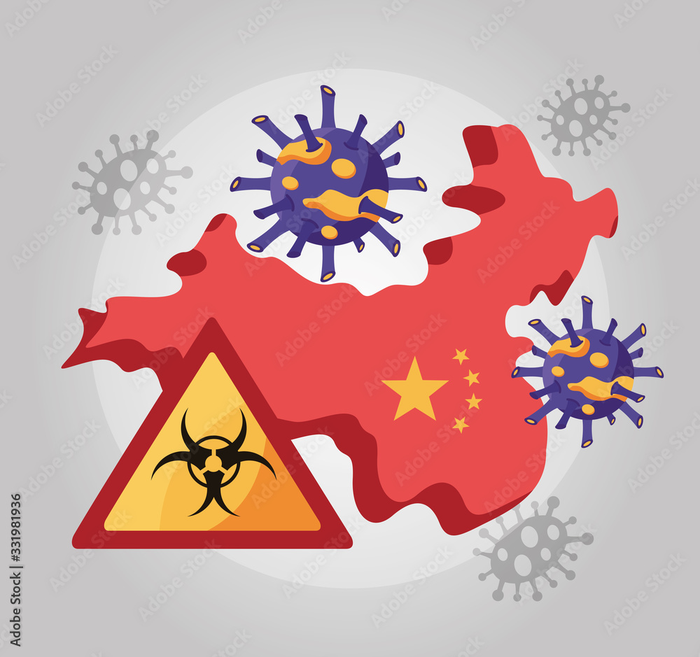 covid 19 particles and china map with biohazard signal covid 19 particles and china map with biohazard signal
