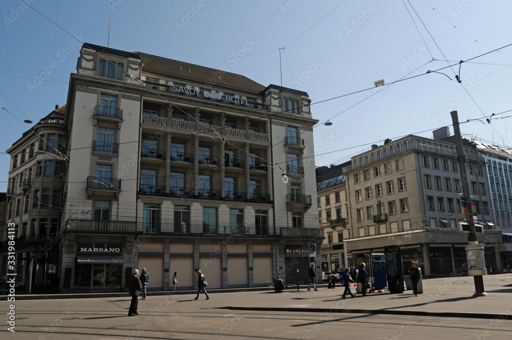 Zürich's Paradeplatz in the financial center  in times of Corona-Virus log down