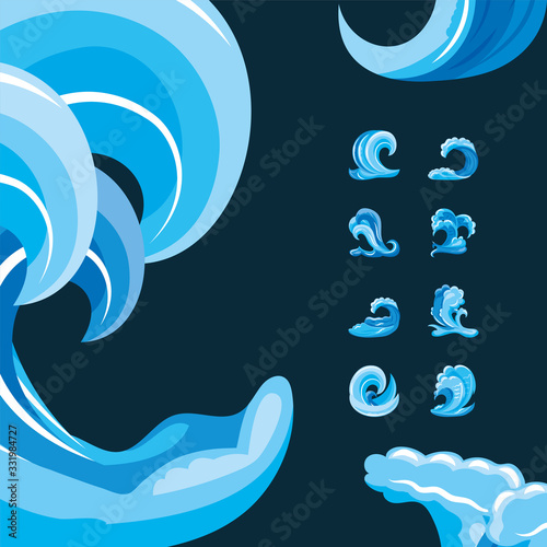 set of ocean waves with curling