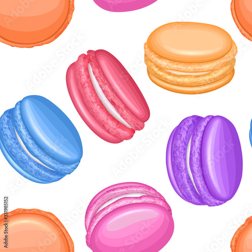 Seamless pattern with multicolored macaroons. French cookies, Pastry sweets collection in cartoon style, vector illustration