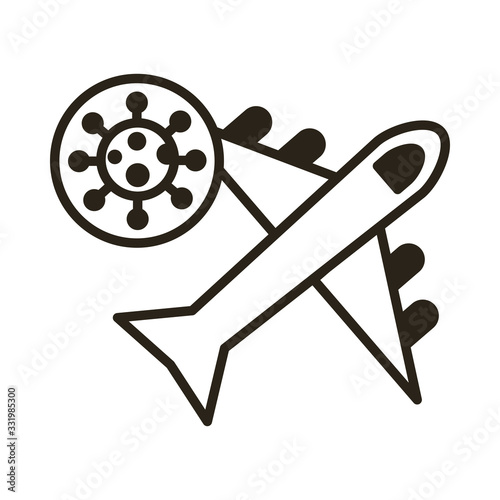 airplane flying with infected cell covid19 line icon photo