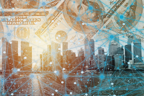 Fototapeta Naklejka Na Ścianę i Meble -  Double exposure money on network connection and city background. Elements of this images furnished by nasa