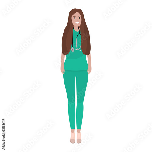 Young female doctor with stethoscope in a hospital. Cartoon flat, vector illustration