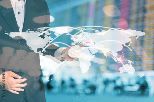 Fototapeta Naklejka Na Ścianę i Meble -  Double exposure money on network connection and city background. Elements of this images furnished by nasa