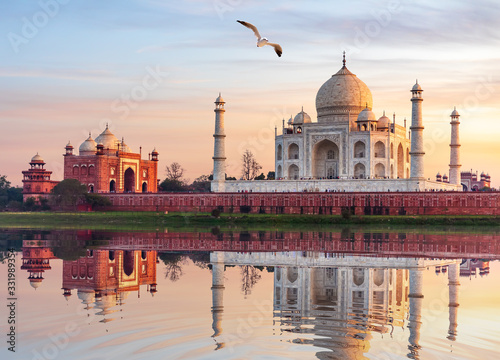 Famous Taj Mahal Mausoleum on the bank of the Yumana river in Agra, India