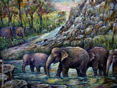 Art painting Oil color Elephant family Thailand , Countryside