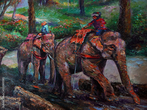 Art painting Oil color Elephant family Thailand , Countryside
