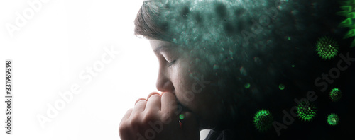 Εκτύπωση καμβά Double exposure of young boy with sad eyes and abstract virus strain model of MERS-Cov