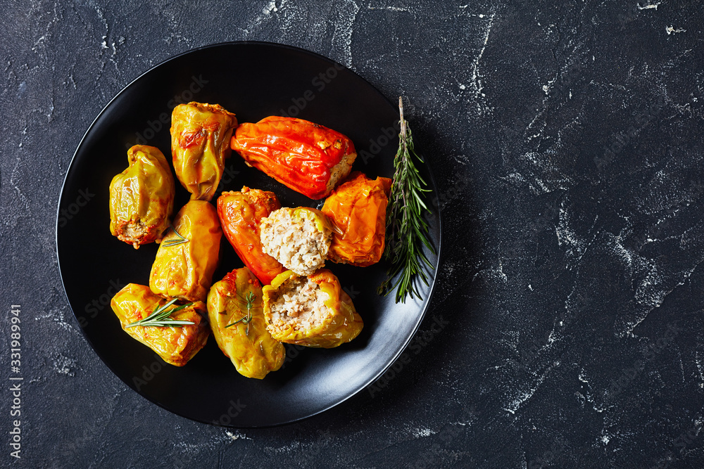 Healthy stuffed peppers flat lay, copy space Healthy stuffed peppers flat lay, copy space