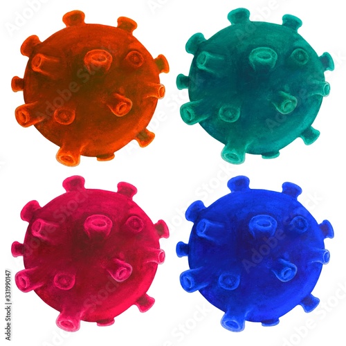 Coronavirus cells set isolated on white background. Dangerous corona virus from Wuhan, China. Print for banner, poster. Pandemic protection concept. Watercolor hand drawn template illustration.