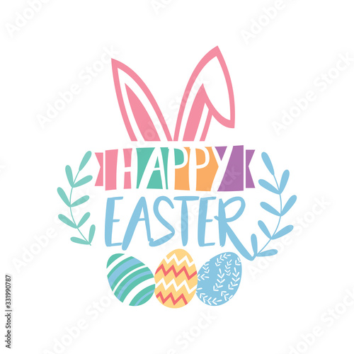 Happy Easter Script Lettering Logo Icon Vector Background Template. Bunny Rabbit Graphic Design.