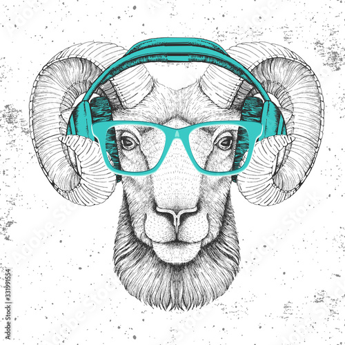 Hipster animal ram or mouflon with headphones. Hand drawing Muzzle of animal ram