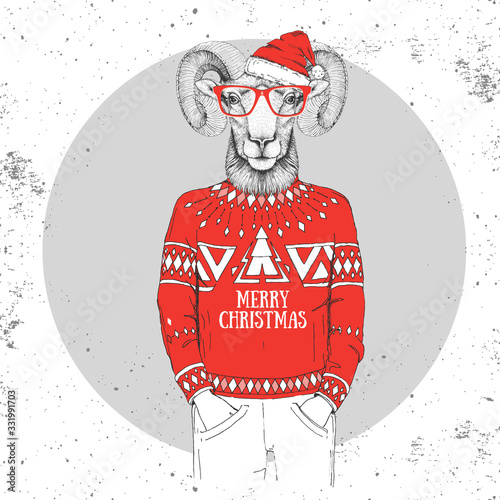 Christmas Hipster fashion animal ram or mouflon dressed in New Year hat and pullover