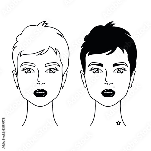 Two woman with short hair cut in different colors. Line art. Heads for avatars. Beauty salon decoration. Hand drawn illustrations. Female heads with beautiful hair.