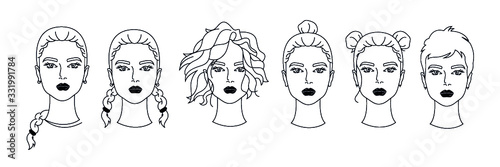 Set of different woman hairstyles. Line art. Heads for avatars. Beauty salon decoration. Hand drawn illustrations. Female heads with beautiful hair.