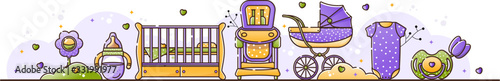Vector illustration with baby accessories. Stroller, baby milk bottle and toy. Birth of a boy or girl child. Linear style print on a white background.
