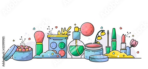 Accessories set for a beautiful make-up. Mascara, foundation, eye shadow, lipstick. Vector banner for a site with isolated objects and place for text.