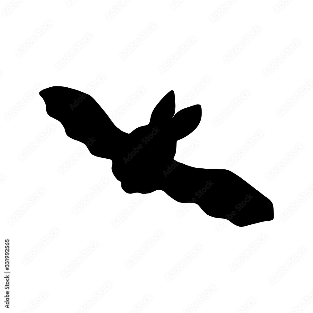 Black silhouette of bat. Night vampire. Flying eared bat. Vector illustration isolated on white background. Halloween decorative element. Hand drawn black vector. Black silhouette of bat. Night vampire. Flying eared bat. Vector illustration isolated on white background. Halloween decorative element. Hand drawn black vector.