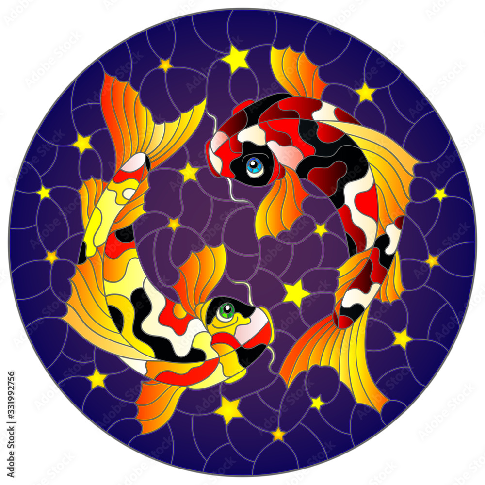 Illustration in stained glass style with two koi carp fish on a blue background with stars, round image