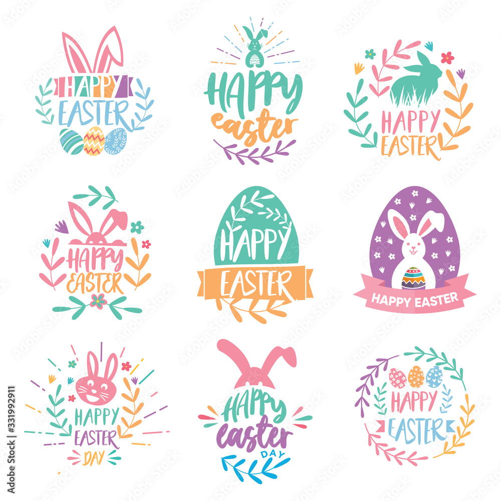 Set Happy Easter Script Lettering Logo Icon Vector Background Template.  Bunny Rabbit Graphic Design.