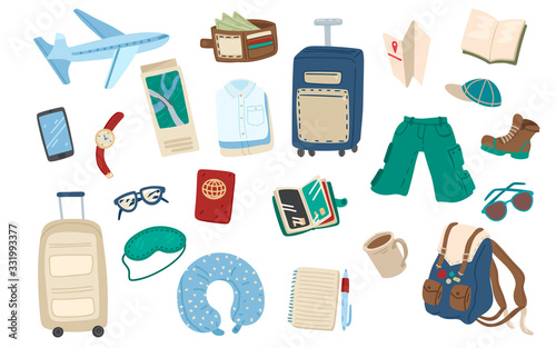 Set of travel items. Collection for holiday or journey. Packing luggage. Vector cartoon illustration