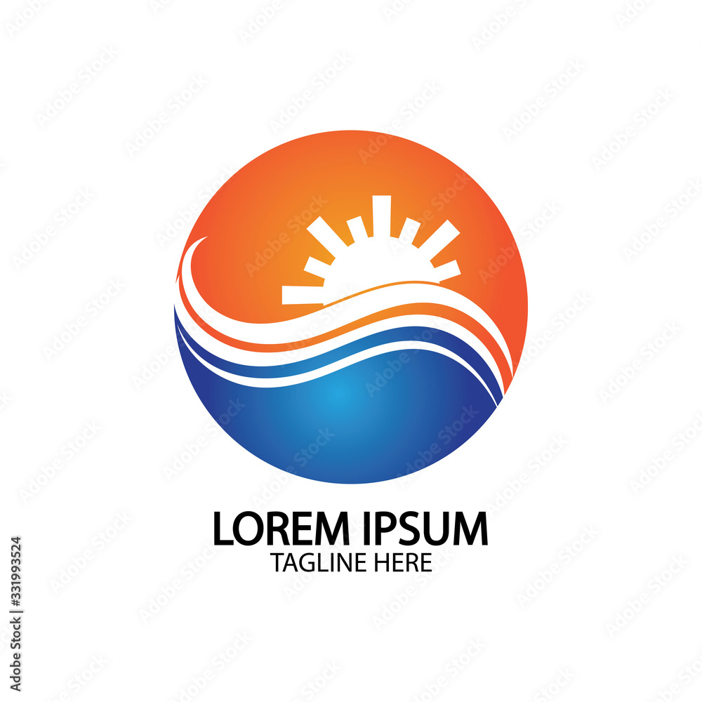 Fototapeta premium Water wave and sun icon vector illustration design logo