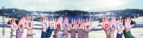 Naklejka Children Hands Building Colorful German Word Ihr Schafft Das Means You Can Do That. Snowy Winter Background With Snowflakes