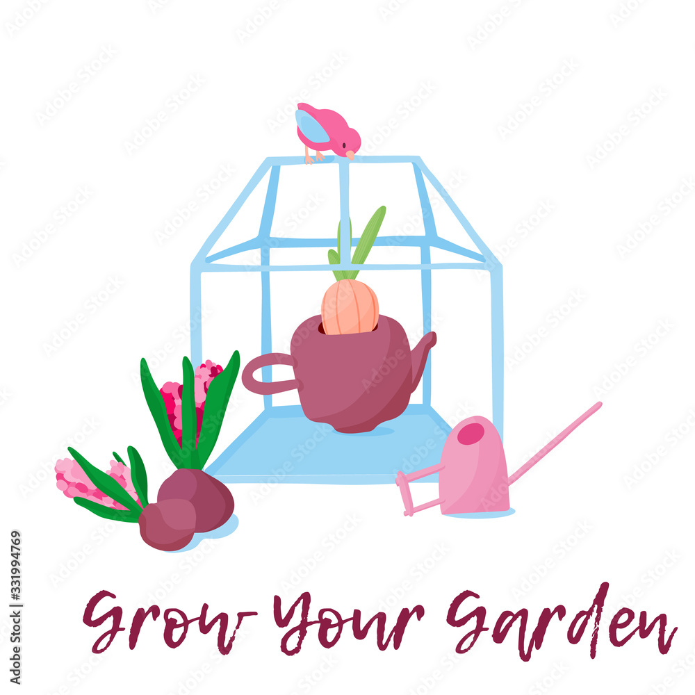 Greenhouse for home or urban gardening hobby. Glasshouse with the pots of greenery and flowers. Vector concept